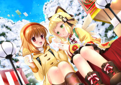 Rule 34 | 2girls, :d, angel wings, backpack, bag, black bow, black ribbon, black skirt, blonde hair, blue sky, blush, boots, bow, brown footwear, brown hair, coat, commentary request, company connection, crossover, day, dutch angle, feet out of frame, floral print, food, gekka (prima doll), green eyes, hair between eyes, hair bow, hair ornament, hair ribbon, hairband, hamada mari, hands up, holding, holding food, japanese clothes, kanon, key (company), kimono, knees together feet apart, long sleeves, looking at food, medium hair, miniskirt, multiple girls, open mouth, outdoors, parted lips, prima doll (anime), red eyes, red hairband, ribbon, side-by-side, sitting, skirt, sky, smile, snow, straight hair, taiyaki, tree, tsukimiya ayu, wagashi, white wings, wide sleeves, wings, winter, x hair ornament, yellow coat, yellow kimono