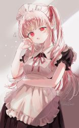 Rule 34 | 1girl, apron, black dress, blush, collared dress, commentary request, dress, fang, frilled apron, frills, hair ribbon, half-closed eye, hand up, highres, long hair, looking at viewer, maid, maid headdress, one side up, open mouth, original, pink hair, puffy short sleeves, puffy sleeves, red eyes, red ribbon, ribbon, sha2mo, short sleeves, signature, solo, tears, uneven eyes, very long hair, white apron