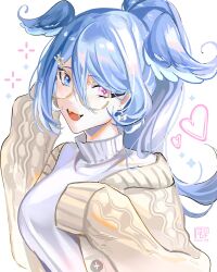 Rule 34 | 1girl, blue eyes, blue hair, blue wings, brown cardigan, cardigan, elira pendora, elira pendora (3rd costume), fangs, glasses, head wings, heterochromia, high ponytail, highres, long hair, looking at viewer, miaowpuff, multicolored hair, nijisanji, nijisanji en, official alternate costume, official alternate hairstyle, open mouth, purple eyes, round eyewear, signature, simple background, smile, solo, sweater, virtual youtuber, white background, white hair, white sweater, wings