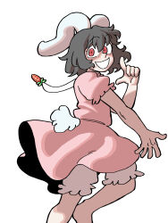Rule 34 | 1girl, :d, absurdres, animal ears, black hair, bloomers, carrot necklace, commentary, eddybird55555, english commentary, feet out of frame, floppy ears, highres, inaba tewi, index finger raised, jewelry, looking at viewer, necklace, open mouth, rabbit ears, rabbit girl, red eyes, short hair, short sleeves, simple background, smile, solo, touhou, underwear, white background