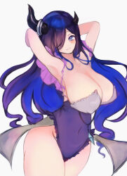 Rule 34 | 1girl, armpits, arms behind head, black hair, blue eyes, blue hair, blush, breasts, broken horn, brown dust 2, colored inner hair, covered navel, demon girl, eclipse (brown dust 2), eyebrows hidden by hair, feet out of frame, groin, hair over one eye, horn ornament, horn ring, horns, large breasts, leotard, long hair, looking at viewer, multicolored hair, purple leotard, ruzyeria, sideboob, simple background, smile, solo, two-tone hair, white background