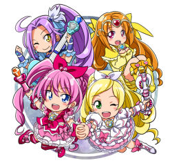 Rule 34 | 10s, 4girls, :d, ;d, blonde hair, blue eyes, boots, bow, brooch, choker, circlet, cure beat, cure melody, cure muse, cure muse (yellow), cure rhythm, curly hair, earrings, fantastic belltier, frilled skirt, frills, full body, green eyes, hair bow, hair ornament, hairband, heart, heart earrings, heart hair ornament, holding hands, houjou hibiki, jewelry, knee boots, kurokawa eren, kurose kousuke, long hair, love guitar rod, magical girl, minamino kanade, miracle belltier, multiple girls, no nose, one eye closed, open mouth, orange hair, parted bangs, pink bow, pink eyes, pink footwear, pink hair, pink legwear, ponytail, precure, purple hair, seiren (suite precure), shirabe ako, shoes, skirt, smile, suite precure, thighhighs, twintails, wand, white bow, white footwear, wrist cuffs, yellow eyes, yellow footwear