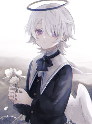 Rule 34 | 1boy, androgynous, angel, angel wings, bouquet, duplicate, flower, formal, halo, highres, looking at viewer, looking to the side, namiki itsuki, original, pale skin, pixel-perfect duplicate, purple eyes, white hair, wings