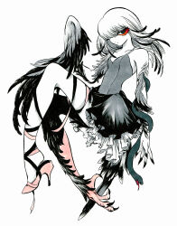 Rule 34 | 1girl, bird, bird girl, feathers, frills, from side, high heels, highres, knees up, looking to the side, multicolored hair, one eye covered, original, partially colored, personification, petticoat, secretarybird, shoes, single shoe, skirt, snake, solo, spaghetti strap, streaked hair, talons, winged arms, wings, yamakita higashi