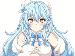 Rule 34 | 1girl, ahoge, animated, bare shoulders, beret, blue hair, blush, breasts, elf, flower, fur trim, fuusuke (fusuke208), hair between eyes, hair flower, hair ornament, half updo, hat, hololive, large breasts, long hair, looking at viewer, pointy ears, solo, video, virtual youtuber, yellow eyes, yukihana lamy