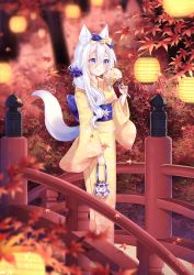 Rule 34 | 1girl, animal ear fluff, animal ears, autumn leaves, bell, blue eyes, blurry, blurry background, blurry foreground, bow, bridge, cat ears, closed mouth, commentary request, depth of field, floral print, hair bell, hair between eyes, hair bow, hair ornament, hair scrunchie, hand fan, highres, holding, holding fan, japanese clothes, jingle bell, kimono, lantern, leaf, long hair, long sleeves, looking away, maple leaf, nami (nyaa), obi, original, outdoors, paper fan, paper lantern, print kimono, purple bow, purple scrunchie, railing, sash, scrunchie, smile, solo, standing, tail, uchiwa, white hair, wide sleeves, yellow bow, yellow kimono