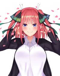 Rule 34 | 1girl, arms up, black cardigan, black ribbon, blue eyes, blunt bangs, blush, breasts, butterfly hair ornament, cardigan, crimecrime, go-toubun no hanayome, hair ornament, highres, large breasts, looking at viewer, nakano nino, open cardigan, open clothes, petals, pink hair, ribbon, shirt, simple background, sleeves past wrists, smile, twintails, white background, white shirt