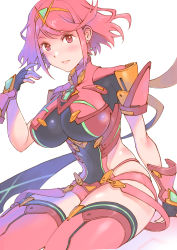 Rule 34 | 1girl, absurdres, black gloves, breasts, chest jewel, cowboy shot, earrings, fingerless gloves, gem, gloves, headpiece, highres, jewelry, large breasts, neon trim, pyra (xenoblade), red eyes, red hair, red shorts, red thighhighs, short hair, shorts, sidelocks, sitting, solo, suspender shorts, suspenders, swept bangs, thighhighs, tiara, ug333333, white background, xenoblade chronicles (series), xenoblade chronicles 2