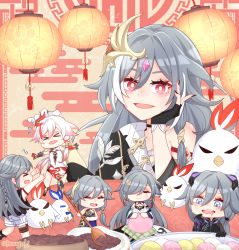 Rule 34 | &gt; &lt;, + +, 6+girls, :d, absurdres, alternate costume, asymmetrical sleeves, atchuu, bare shoulders, bird, black gloves, black shirt, blue eyes, bowl, chibi, chicken, china dress, chinese clothes, chinese new year, closed eyes, closed mouth, crying, dress, fingerless gloves, food, fu hua, fu hua (azure empyrea), fu hua (herrscher of sentience), fu hua (night squire), fu hua (phoenix), fu hua (shadow knight), fu hua (valkyrie accipiter), gloves, grey hair, hair between eyes, hair ornament, hair over one eye, hand on own cheek, hand on own face, highres, holding, honkai (series), honkai impact 3rd, lantern, long hair, looking at viewer, multicolored hair, multiple girls, multiple persona, open mouth, red eyes, saliva, shirt, smile, spoon, streaked hair, stuffed animal, stuffed toy, tears, teeth, uneven sleeves, white hair, white shirt