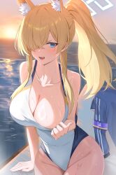 1girl absurdres bare_arms bare_shoulders blonde_hair blue_archive breasts covered_navel evening highres kakumayu kanna_(blue_archive) kanna_(swimsuit)_(blue_archive) large_breasts ocean official_alternate_costume one-piece_swimsuit open_mouth outdoors ponytail solo swimsuit teeth water wet white_one-piece_swimsuit