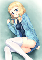 Rule 34 | 10s, 1girl, ass, blonde hair, blue eyes, blunt bangs, blush, breasts, commentary request, covered navel, hair bobbles, hair ornament, highres, hood, hoodie, long hair, looking at viewer, lying, new game!, no shoes, on side, one-piece swimsuit, open clothes, open hoodie, open mouth, sakura nene, school swimsuit, see-through, sleeves past wrists, solo, swimsuit, swimsuit under clothes, thighhighs, thighs, tomifumi, twintails, wet, wet clothes, white thighhighs