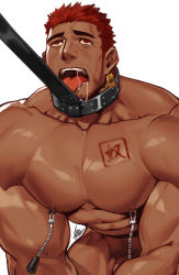 Rule 34 | 1boy, abs, bara, beard, character request, check character, check copyright, collar, completely nude, copyright request, dark-skinned male, dark skin, ear piercing, facial hair, flaccid, gomtang, large pectorals, licking, male focus, male pubic hair, mature male, muscular, muscular male, navel, nipples, nude, pectorals, penis, penis peek, piercing, pov, pubic hair, red hair, short hair, sideburns, solo, stomach, tongue, tongue out, veins