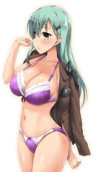 Rule 34 | 1girl, absurdres, aqua hair, arm behind back, bra, breasts, cleavage, collarbone, commentary request, cowboy shot, glint, green eyes, hair between eyes, hair ornament, hairclip, highres, jacket, jacket on shoulders, jewelry, kantai collection, lace, lace-trimmed bra, lace trim, large breasts, long hair, navel, panties, parted lips, purple bra, purple panties, ring, simple background, solo, suzuya (kancolle), underwear, underwear only, wedding ring, white background, yoshi tama