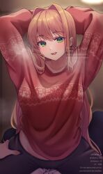 Rule 34 | 1girl, absurdres, arms behind head, arms up, black pants, blush, breasts, collarbone, commission, doki doki literature club, english text, green eyes, hair behind ear, hair intakes, hand on another&#039;s thigh, head tilt, hetero, highres, licking lips, long hair, looking at viewer, medium breasts, mi tarou0412, monika (doki doki literature club), open mouth, pants, pov, protagonist (doki doki literature club), red sweater, shirt, sitting, sitting on person, smile, solo, steaming body, sweater, tongue, tongue out, twitter username, very long hair, watermark, white shirt