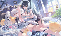 Rule 34 | 2girls, apron, arm behind head, arm garter, arm up, armpits, ass, azur lane, bare arms, bare shoulders, bed, between breasts, bird, black choker, black hair, black skirt, breasts, chick, choker, cleavage, dress, flower, formidable (azur lane), formidable (timeless classics) (azur lane), frilled choker, frilled dress, frills, frown, green eyes, hair ornament, hand up, highres, horns, indomitable (azur lane), indomitable (ms. motivationless maid) (azur lane), indoors, large breasts, long hair, looking at viewer, lying, maid, maid apron, maid headdress, manjuu (azur lane), miniskirt, multiple girls, object on breast, obu (da1103ll), official alternate costume, on bed, on side, open mouth, panties, pleated skirt, ponytail, red eyes, rose, sailor collar, short dress, sideboob, skirt, sleeveless, sleeveless dress, smile, thighs, underwear, very long hair, waist apron, white dress, white hair, white panties