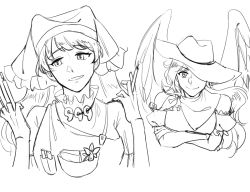 Rule 34 | 2girls, apron, bandana, bird tail, collar, cowboy hat, crossed arms, dagak, feathered wings, flower, frilled collar, frilled sleeves, frills, grin, haniyasushin keiki, hat, hat over one eye, head scarf, head tilt, holding, jewelry, kurokoma saki, long hair, looking to the side, magatama, magatama necklace, monochrome, multiple girls, necklace, off-shoulder shirt, off shoulder, one eye covered, parted lips, pegasus wings, pocket, ponytail, puffy sleeves, shirt, single strap, smile, strap, tail, touhou, wings, wood carving tool