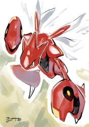 Rule 34 | arthropod boy, arthropod limbs, colored skin, creatures (company), game freak, gen 2 pokemon, highres, insect wings, looking to the side, mamire (ekcdayo), nintendo, no humans, no mouth, pokemon, pokemon (creature), red skin, scizor, white background, wings, yellow eyes