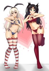 Rule 34 | 10s, 2girls, :o, alternate costume, animal ear legwear, aqua eyes, bare arms, bare shoulders, bell, black hair, black ribbon, blue panties, bow, breasts, brown eyes, cat cutout, cat ear legwear, cat ear panties, cat lingerie, choker, cleavage cutout, clothing cutout, crossover, fate/stay night, fate (series), female focus, full body, groin, hair between eyes, hair bow, hair ribbon, hairband, heart, heart background, heart hands, highleg, highleg panties, kantai collection, knees together feet apart, lingerie, long hair, looking at viewer, medium breasts, meme attire, midriff, multiple girls, navel, neck bell, open mouth, panties, paw print, pigeon-toed, red legwear, red panties, ribbon, shimakaze (kancolle), shiny clothes, shiny skin, side-tie panties, standing, standing on one leg, striped clothes, striped legwear, striped thighhighs, thighhighs, thighs, tohsaka rin, twintails, underwear, underwear only, white hair, wide hips, yellow eyes, z666ful