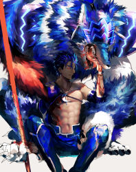 Rule 34 | 1boy, 1other, abs, beads, blood, blue hair, body fur, bodypaint, bracelet, claws, closed mouth, crescent, crescent necklace, cu chulainn (fate), cu chulainn (fate/stay night), cu chulainn (prisma illya), cu chulainn (second ascension) (fate), detached sleeves, dog, earrings, fate/grand order, fate/kaleid liner prisma illya, fate/stay night, fate (series), furry, furry male, gae bolg (fate), hair beads, hair ornament, highres, jewelry, licking, looking at viewer, male focus, mask, muscular, necklace, nipples, official alternate costume, pants, ponytail, red eyes, saliva, short hair, sitting, slit pupils, smile, spiked hair, strap, teeth, tongue, topless male, type-moon, whiskers, wolf, yuu (guruko)