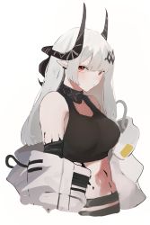 Rule 34 | 1girl, absurdres, arknights, bare shoulders, black choker, breasts, choker, commentary, crop top, highres, horns, infection monitor (arknights), large breasts, long hair, looking at viewer, material growth, midriff, mudrock (arknights), oripathy lesion (arknights), pikuson, pointy ears, red eyes, silver hair, simple background, solo, sports bra, stomach, upper body, white background