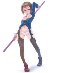 Rule 34 | 1girl, breasts, glasses, medium breasts, simple background, solo, staff, thighhighs, underboob, weno