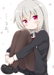 Rule 34 | 1girl, absurdres, black bow, black dress, black footwear, black pantyhose, blush, bow, commentary request, dress, esureki, expressionless, full body, grey hair, hair bow, highres, hugging own legs, long hair, looking at viewer, mary janes, pantyhose, red eyes, shoes, sidelocks, sitting, solo, sophie twilight, tonari no kyuuketsuki-san, translation request, very long hair, white background