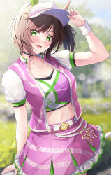 Rule 34 | 1girl, adjusting clothes, adjusting headwear, animal ears, belt, blurry, blurry background, blush, brown hair, commentary request, green eyes, hair ornament, highres, horse ears, horse girl, ines fujin (umamusume), looking at viewer, midriff, navel, open mouth, primamiya, solo, umamusume, visor cap