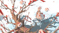 Rule 34 | absurdres, antlers, barefoot, character request, deer antlers, falling petals, flower, from above, highres, horns, japanese clothes, kimono, long hair, long sleeves, looking up, onmyoji, petals, plum blossoms, rabbit, red eyes, red flower, shadow, snow, tree, white hair, white kimono, wide sleeves, winter, yi er san