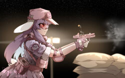 Rule 34 | 1girl, absurdres, alternate costume, animal ears, blurry, blurry background, chinese commentary, closed mouth, commentary request, dated, fingerless gloves, from side, glock, gloves, gun, handgun, highres, holding, holding gun, holding weapon, long hair, purple hair, pzgr.40, rabbit ears, rabbit girl, red eyes, reisen udongein inaba, sidelocks, signature, smoke, solo, tactical clothes, touhou, weapon