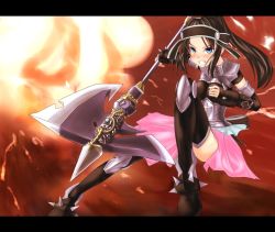 Rule 34 | armor, axe, bad id, bad pixiv id, blue eyes, brown hair, fantasy earth zero, letterboxed, long hair, ponytail, solo, thighhighs, tsukushi sasa, warrior, weapon