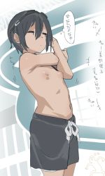 Rule 34 | 1girl, black hair, black male swimwear, black swim trunks, breasts, closed eyes, cowboy shot, crossdressing, drawstring, ettone, female focus, goggles, goggles on head, hair between eyes, highres, kino (kino no tabi), kino no tabi, male swimwear, male swimwear challenge, navel, nipples, short hair, small breasts, solo, stretched limb, swim trunks, swimsuit, thought bubble, tomboy, translation request