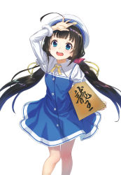 Rule 34 | 10s, 1girl, :d, ahoge, arm up, beret, between fingers, blue dress, blue eyes, blush, board game, brown hair, commentary request, dress, hat, highres, hinatsuru ai, holding, layered sleeves, long hair, long sleeves, looking at viewer, low twintails, open mouth, puffy short sleeves, puffy sleeves, ryuuou no oshigoto!, school uniform, shogi, short over long sleeves, short sleeves, sidelocks, simple background, smile, solo, teeth, tuchinokoeffect, twintails, upper teeth only, very long hair, white background, white hat