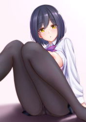 Rule 34 | 1girl, :o, absurdres, ameato, arm support, ass, blue hair, blush, bow, bowtie, bra, bra pull, breasts, breasts out, brown pantyhose, clothes pull, collared shirt, expressionless, foot out of frame, hair between eyes, highres, large breasts, legs together, looking at viewer, miniskirt, mole, mole under eye, nijisanji, nipples, no shoes, on floor, open clothes, open mouth, open shirt, panties, panties under pantyhose, pantyhose, parted lips, pleated skirt, purple bow, purple bowtie, purple bra, school uniform, shirt, shizuka rin, short hair, simple background, sitting, skirt, solo, underwear, virtual youtuber, white background, white shirt, yellow eyes