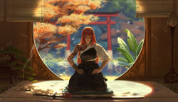 Rule 34 | 1girl, absurdres, backlighting, blunt bangs, blurry, chinahou, closed eyes, depth of field, flower request, hakama, hakama pants, highres, incest, japanese clothes, katana, long hair, muneate, original, pants, scabbard, seiza, sheath, shoulder tattoo, sitting, solo, sword, tattoo, torii, weapon