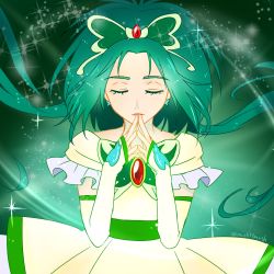 Rule 34 | 00s, 1girl, akimoto komachi, butterfly hair ornament, cure mint, earrings, closed eyes, green hair, green theme, hair ornament, jewelry, kiyoy777, long hair, magical girl, own hands together, precure, solo, yes! precure 5