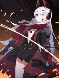 Rule 34 | absurdres, berudora, black dress, breasts, cleavage, closed mouth, dress, grey eyes, hair ornament, hairclip, headgear, heterochromia, highres, holding, holding sheath, holding weapon, long hair, lucia: crimson abyss (punishing: gray raven), punishing: gray raven, red eyes, red scarf, scarf, sheath, small breasts, unsheathed, unzipped, very long hair, weapon, white hair