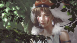 Rule 34 | 1girl, blurry, blurry foreground, branch, brown hair, dao dao, depth of field, earrings, facial mark, forest, green eyes, hat, jewelry, looking at viewer, mononoke hime, nature, red hat, red lips, san (mononoke hime), signature, solo, upper body