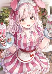 Rule 34 | 1girl, animal ears, apron, blurry, blurry background, blush, bow, breasts, brown eyes, cake, candy, cherry, cleavage, commentary request, cup, dress, fake animal ears, flower, food, frilled dress, frills, fruit, heart, heart print, highres, holding, holding tray, large breasts, long hair, looking at viewer, maid, maid headdress, open mouth, original, pink flower, pink theme, rabbit, rabbit ears, red bow, red flower, restaurant, rose, saya (mychristian2), strawberry, striped clothes, striped dress, sweets, teacup, teapot, tray, vertical-striped clothes, vertical-striped dress, waffle, waist apron, wavy hair