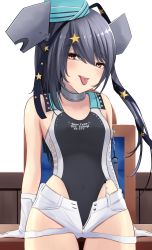Rule 34 | 1girl, absurdres, aqua hat, black one-piece swimsuit, black ribbon, commentary request, competition swimsuit, cowboy shot, garrison cap, gloves, grey eyes, grey hair, hair ornament, hair ribbon, hat, highleg, highleg swimsuit, highres, kantai collection, long hair, looking at viewer, nokonoko, one-piece swimsuit, ribbon, scamp (kancolle), short shorts, shorts, side ponytail, solo, star (symbol), star hair ornament, swimsuit, tongue, tongue out, white gloves, white shorts