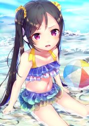 Rule 34 | 1girl, absurdres, bare arms, bare legs, bare shoulders, beach, bikini, black hair, blue bikini, blue nails, blush, collarbone, commentary request, day, fingernails, frilled bikini, frills, hair ornament, hair scrunchie, halterneck, highres, hoshi no yurara (xxberry 0x0), long hair, looking at viewer, nail polish, navel, ocean, open mouth, outdoors, parted bangs, purple eyes, sakusabe chiko, scrunchie, sitting, solo, station memories, swimsuit, transparent, twintails, very long hair, yellow scrunchie