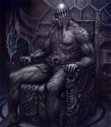 Rule 34 | 1boy, hades (mythology), helmet, lord of vermilion, male focus, muscular, mythology, noba, sitting, skull, smoke, solo, spikes, throne