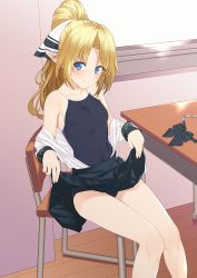 Rule 34 | 10s, 1girl, black skirt, blonde hair, blue eyes, bowtie, unworn bowtie, breasts, chair, clothes lift, collarbone, commentary request, desk, elf, highres, iris (takunomi), lifting own clothes, long hair, looking at viewer, off shoulder, one-piece swimsuit, open clothes, open shirt, original, pleated skirt, pointy ears, ponytail, school desk, school swimsuit, shirt, sitting, skirt, skirt lift, small breasts, smile, solo, swimsuit, swimsuit under clothes, takunomi, thighs, wooden floor