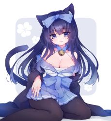 Rule 34 | 1girl, animal ear fluff, animal ears, arashio (azur lane), azur lane, bare shoulders, bell, black hair, blue bow, blue skirt, blush, bow, breasts, brown pantyhose, cat ears, cat girl, cat tail, cleavage, closed mouth, collarbone, commentary request, floral background, floral print, grey background, hair between eyes, hair bow, hakama, hakama short skirt, hakama skirt, head tilt, highres, japanese clothes, jingle bell, large breasts, long hair, long sleeves, looking at viewer, off shoulder, pantyhose, petals, pleated skirt, purple bow, purple eyes, purple hair, shadow, shichijou natori, shirt, sitting, skirt, solo, tail, two-tone background, white background, white shirt, wide sleeves