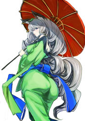 Rule 34 | 1girl, animal ears, ass, back, bare shoulders, blue eyes, blush, curly hair, fox ears, from behind, japanese clothes, kimono, leaf, leaf on head, long hair, looking at viewer, looking back, object on head, oboro muramasa, oil-paper umbrella, parted lips, silver hair, simple background, solo, tsunemi aosa, umbrella, very long hair, yuzuruha