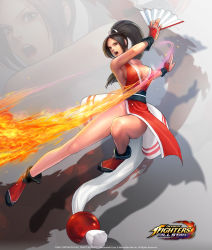 Rule 34 | 1girl, absurdres, artist request, bare legs, bare shoulders, black hair, breasts, brown eyes, cleavage, copyright name, fatal fury, fire, full body, hair ornament, hand fan, highres, holding, japanese clothes, large breasts, lips, logo, long hair, looking at viewer, ninja, official art, open mouth, parted bangs, pelvic curtain, ponytail, revealing clothes, shadow, shiny skin, shiranui mai, simple background, sleeveless, snk, the king of fighters, the king of fighters all-stars, thighs, zoom layer