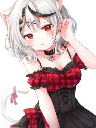 Rule 34 | 1girl, animal ears, bare shoulders, black hair, bow, breasts, cat ears, cat girl, cat tail, corset, dress, extra ears, frilled dress, frilled sleeves, frills, heart collar, highres, hololive, kokoshira 0510, medium breasts, multicolored hair, off-shoulder dress, off shoulder, plaid, plaid dress, red eyes, sakamata chloe, short hair, short sleeves, silver hair, streaked hair, tail, two-tone hair, virtual youtuber