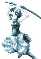 Rule 34 | 1girl, armpits, bare shoulders, breasts, closed mouth, covered navel, flower, hair flower, hair ornament, looking at viewer, monochrome, princess principal, shiromitsu suzaku, short hair, simple background, small breasts, solo, sword, toudou chise, weapon