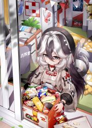 Rule 34 | 1girl, absurdres, breasts, bronya zaychik, bronya zaychik (herrscher of truth), chair, chips (food), closed mouth, cola, computer, coralie (honkai impact), evzeva, food, grey hair, hair between eyes, highres, homu (honkai impact), honkai (series), honkai impact 3rd, indoors, microwave, multicolored hair, nail polish, paper, plant, refrigerator, second-party source, shoes, small breasts, snack, solo, trash can, trophy, window