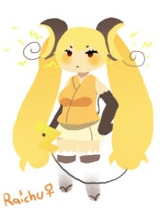 Rule 34 | 1girl, :&lt;, blonde hair, blush, chibi, creatures (company), elbow gloves, electricity, game freak, gen 1 pokemon, gloves, long hair, mil0rd, moemon, nintendo, personification, pokemon, raichu, red eyes, sandals, skirt, solo, standing, tail, tank top, thighhighs, twintails, very long hair, white thighhighs, zettai ryouiki