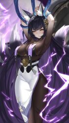Rule 34 | 1girl, absurdres, animal ear fluff, animal ears, arms up, azur lane, black hair, breast curtains, breasts, cosplay, electricity, facial mark, fox ears, fox girl, fox tail, hair ornament, highres, large breasts, long hair, looking at viewer, magatama, musashi (azur lane), solo, tail, unzen (azur lane), user vzzn2855, very long hair, yellow eyes